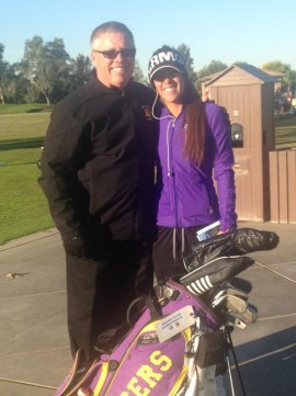 Lemoore's Kinder successful season ends at Southern California Championships Tiger Coach Kevin Roberts and Dani Kinder at Goose Creek Golf Course.